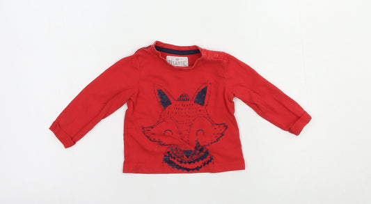Mothercare Baby Red  Cotton Pullover T-Shirt Size 6-9 Months Crew Neck Snap - Cute Fox
