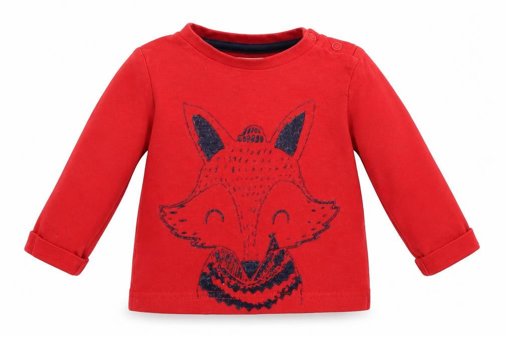 Mothercare Baby Red  Cotton Pullover T-Shirt Size 6-9 Months Crew Neck Snap - Cute Fox