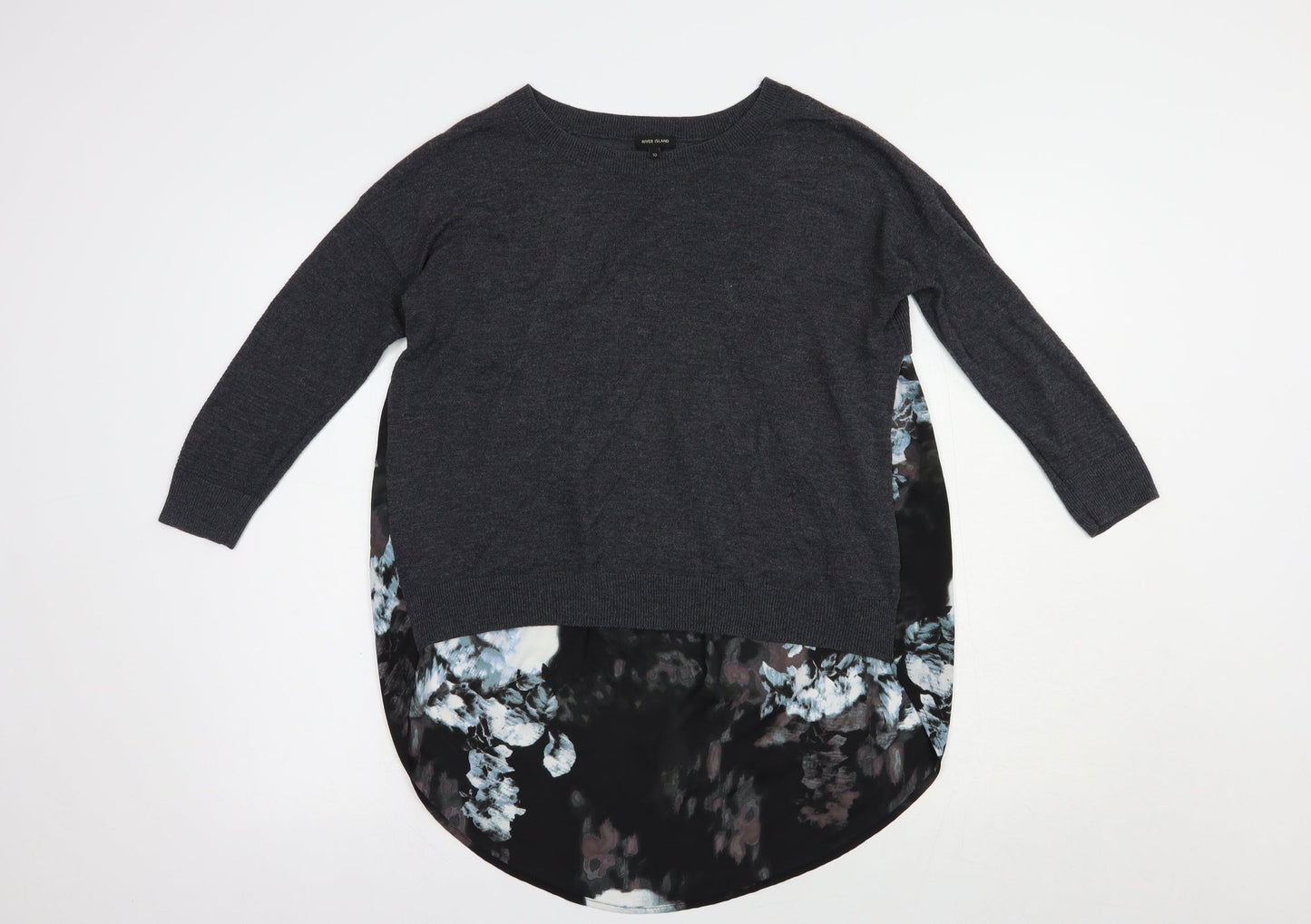 River Island Womens Grey Boat Neck Floral Viscose Tunic Jumper Size 10