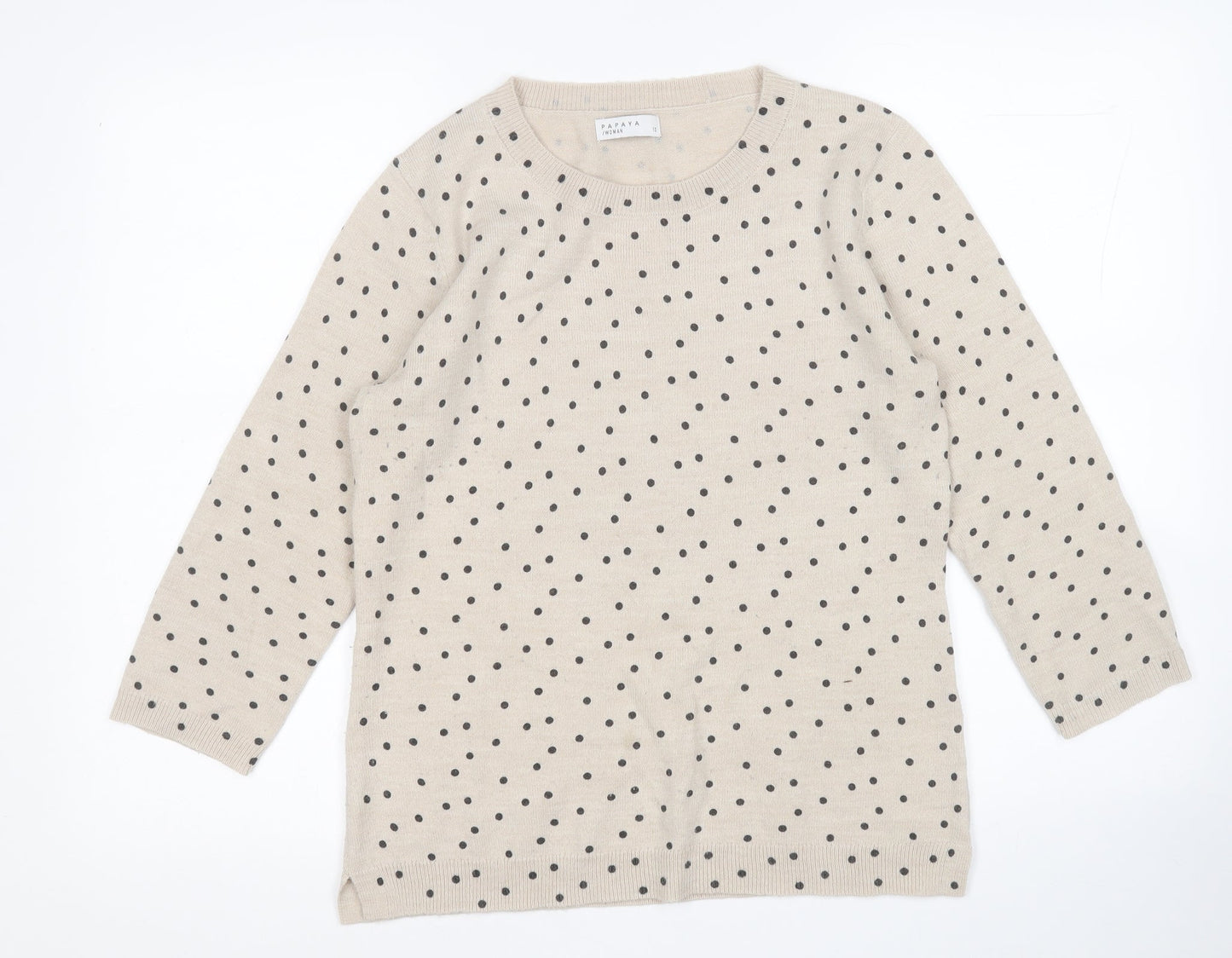 Papaya Womens Beige Round Neck Polka Dot Acrylic Pullover Jumper Size 10