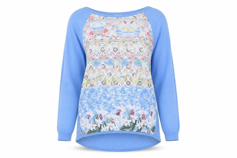 Yumi Womens Blue Round Neck Geometric Polyester Pullover Jumper Size M