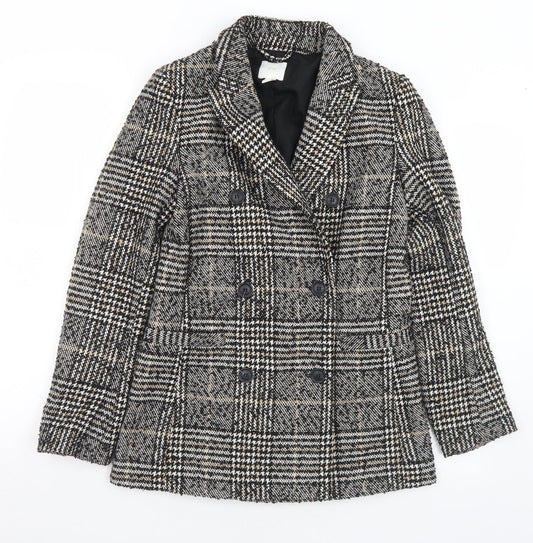H&M Womens Black Houndstooth  Pea Coat Coat Size 6  Button