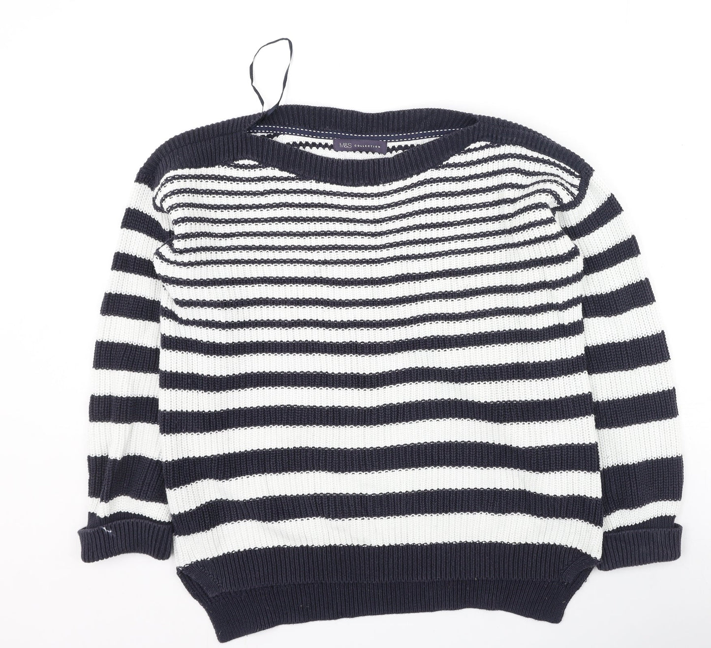 Marks and Spencer Womens Blue Round Neck Striped Cotton Pullover Jumper Size M