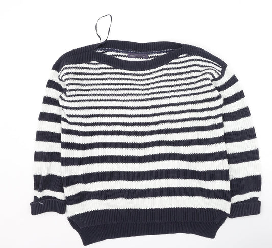 Marks and Spencer Womens Blue Round Neck Striped Cotton Pullover Jumper Size M
