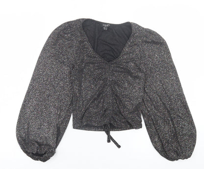 New Look Womens Silver  Nylon Cropped Blouse Size 6 V-Neck