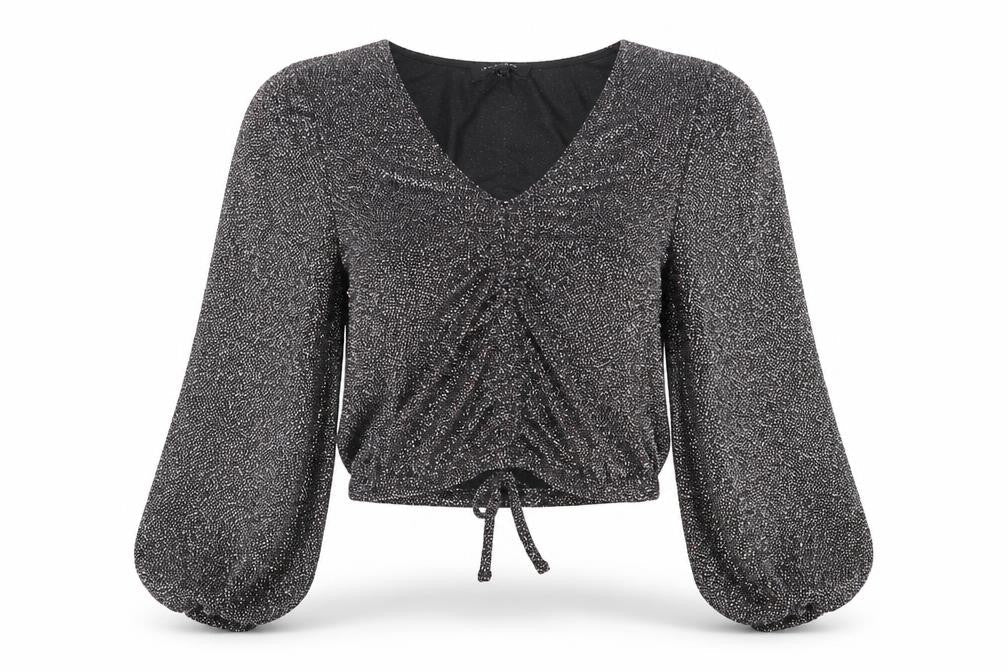 New Look Womens Silver  Nylon Cropped Blouse Size 6 V-Neck