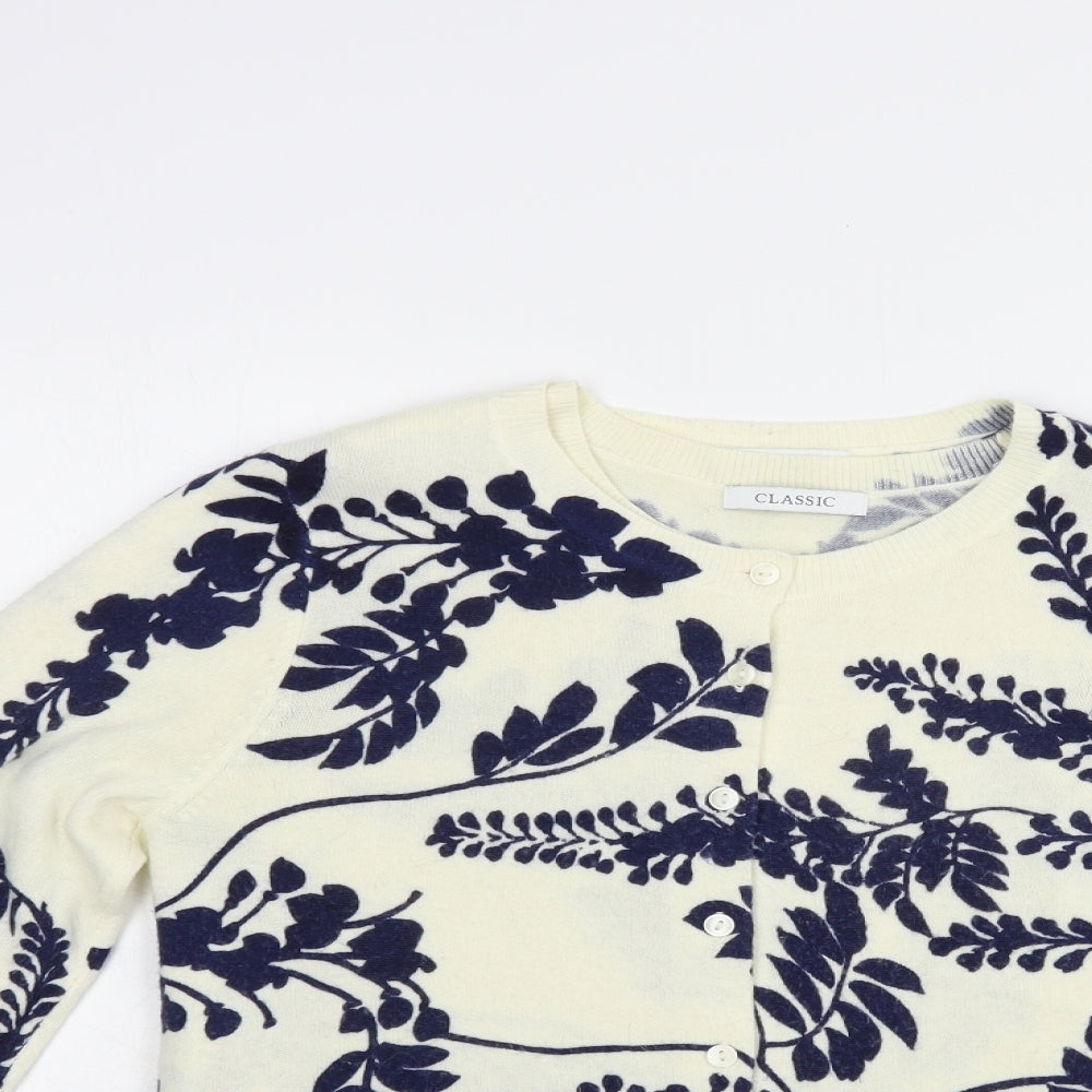 Marks and Spencer Womens Ivory Round Neck Floral Acrylic Full Zip Jumper Size 8