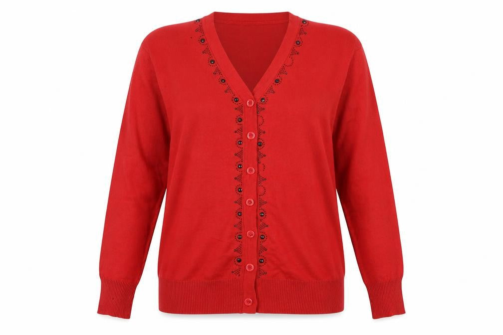 Wishwood Womens Red V-Neck  Polyester Cardigan Jumper Size L
