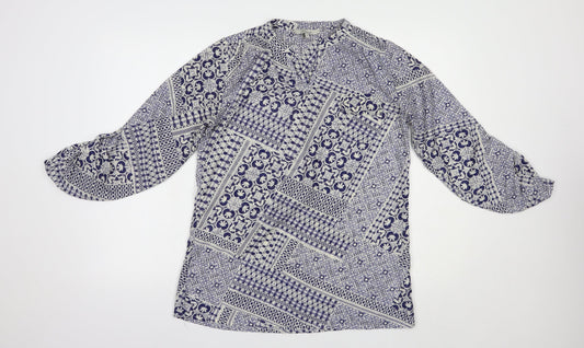 Peacocks Womens Blue Geometric Polyester Basic Blouse Size 10 V-Neck