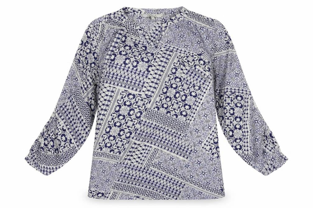 Peacocks Womens Blue Geometric Polyester Basic Blouse Size 10 V-Neck