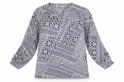 Peacocks Womens Blue Geometric Polyester Basic Blouse Size 10 V-Neck