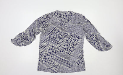 Peacocks Womens Blue Geometric Polyester Basic Blouse Size 10 V-Neck