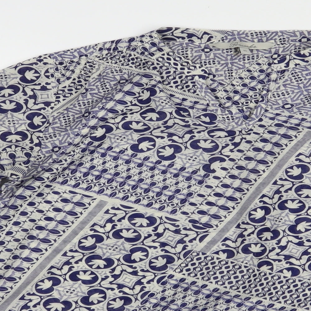 Peacocks Womens Blue Geometric Polyester Basic Blouse Size 10 V-Neck