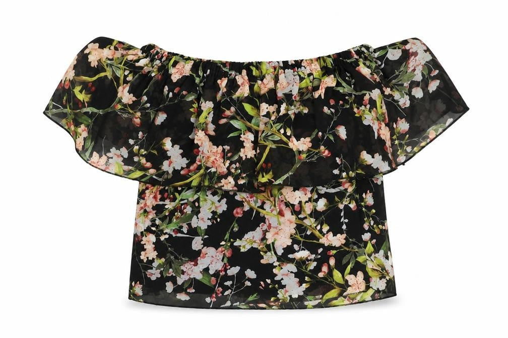 PARISIAN SIGNATURE Womens Black Floral Polyester Basic Blouse Size 12 Off the Shoulder