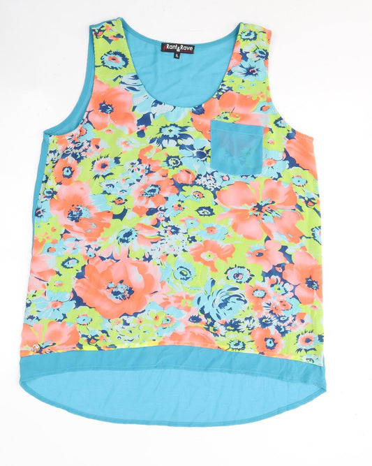 Rant&Rave Womens Blue Floral Polyester Basic Tank Size XL Round Neck