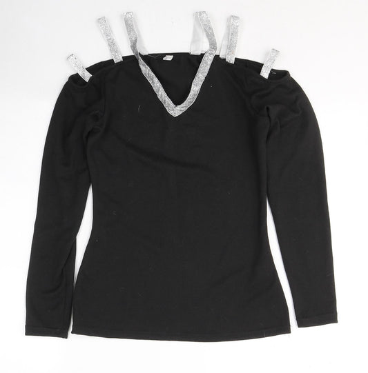 Fashion Womens Black V-Neck  Polyester Pullover Jumper Size M