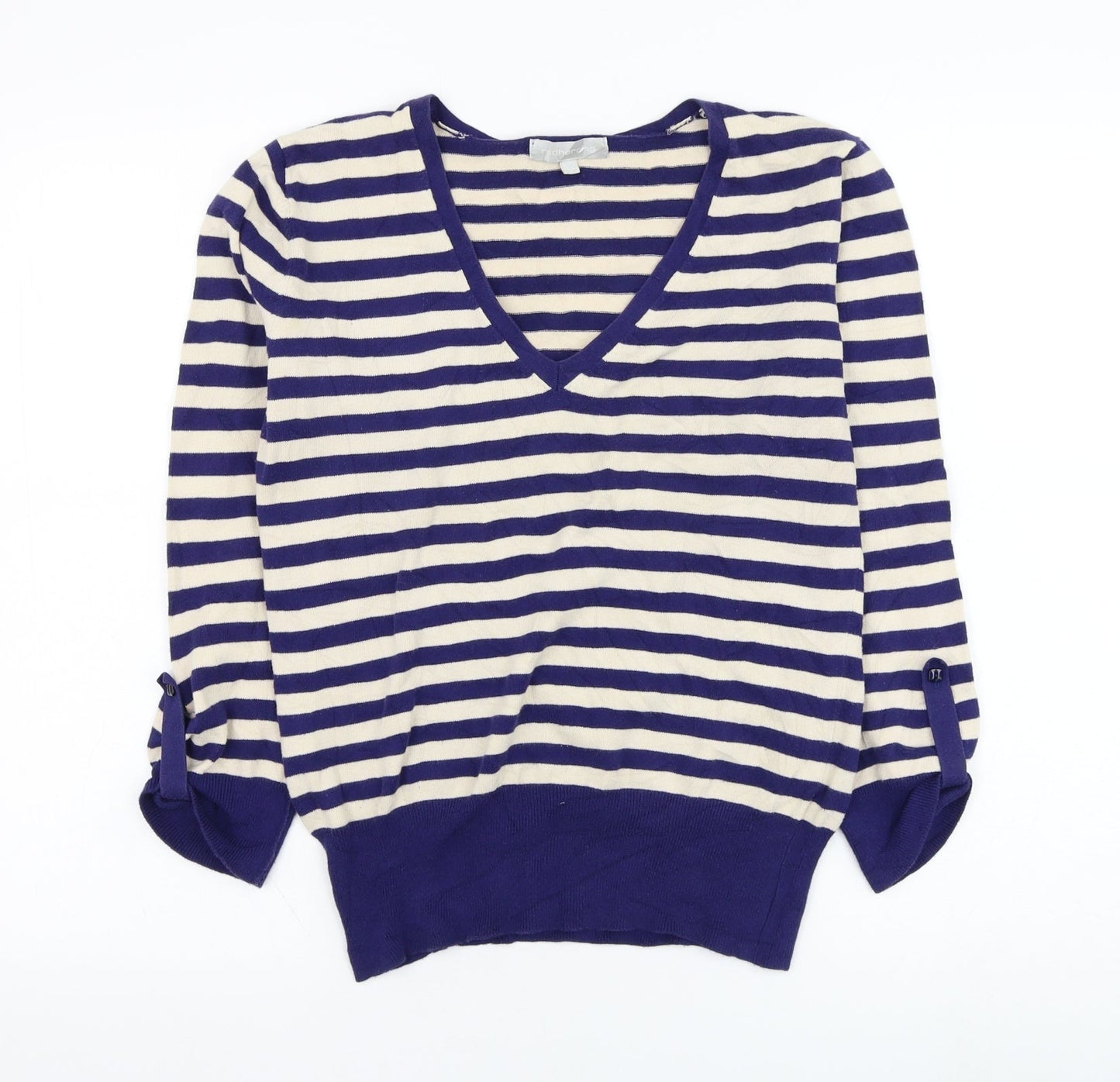 Red Herring Womens Blue V-Neck Striped Cotton Pullover Jumper Size 14