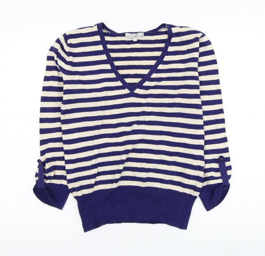 Red Herring Womens Blue V-Neck Striped Cotton Pullover Jumper Size 14