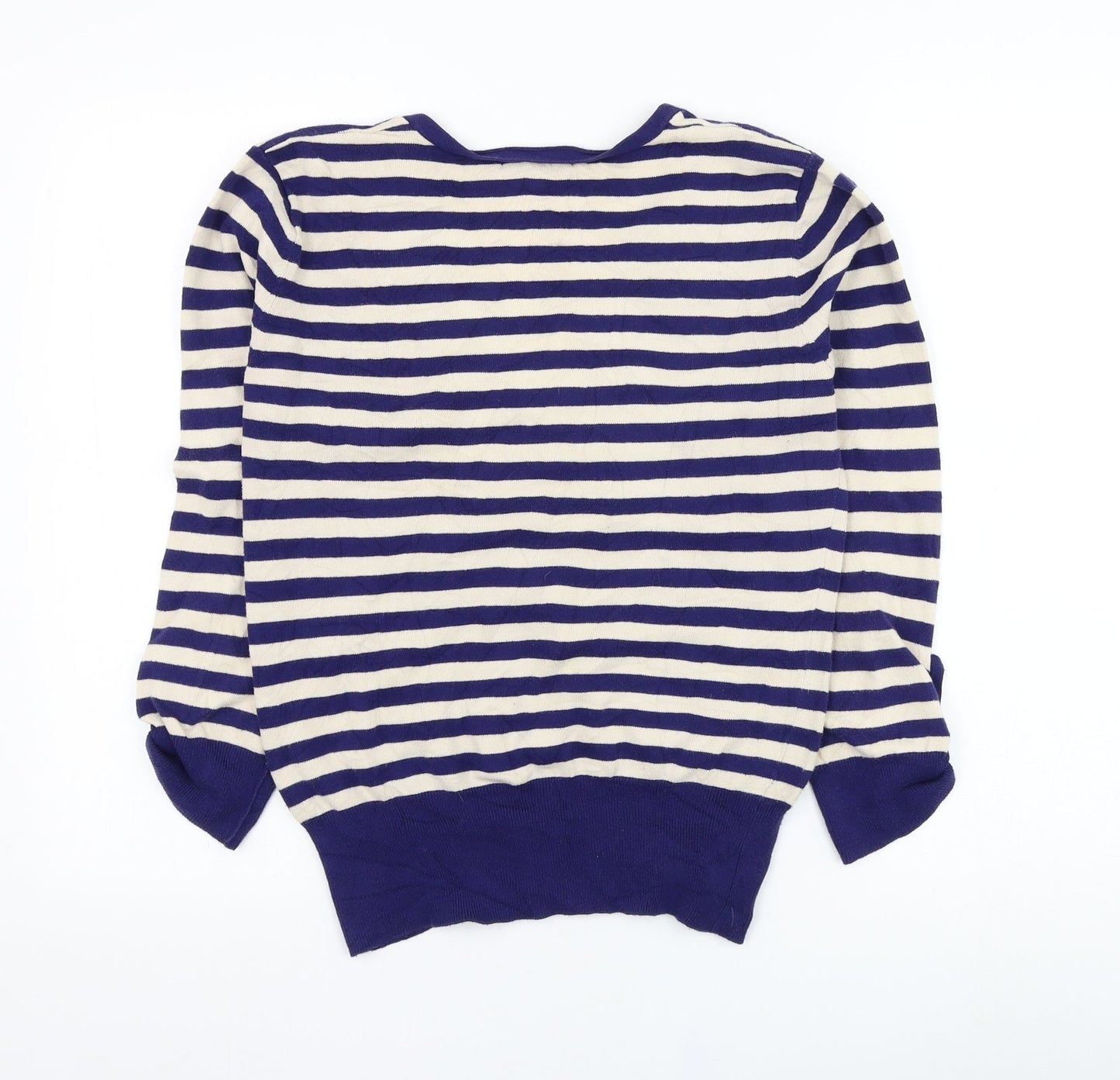 Red Herring Womens Blue V-Neck Striped Cotton Pullover Jumper Size 14