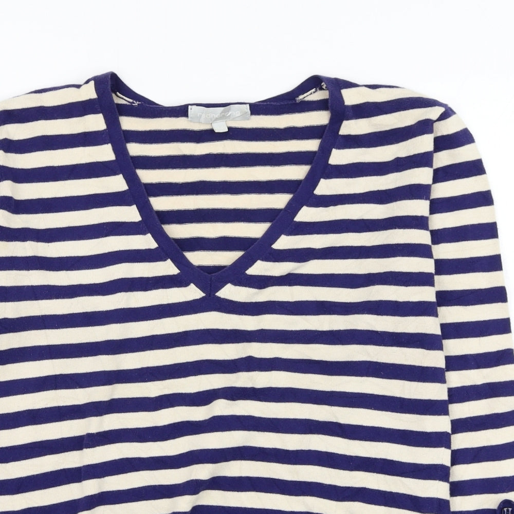 Red Herring Womens Blue V-Neck Striped Cotton Pullover Jumper Size 14
