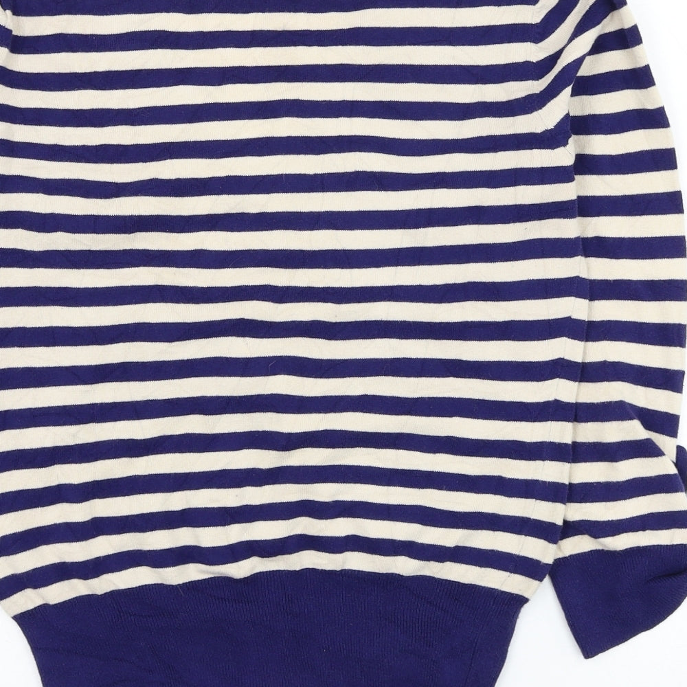 Red Herring Womens Blue V-Neck Striped Cotton Pullover Jumper Size 14