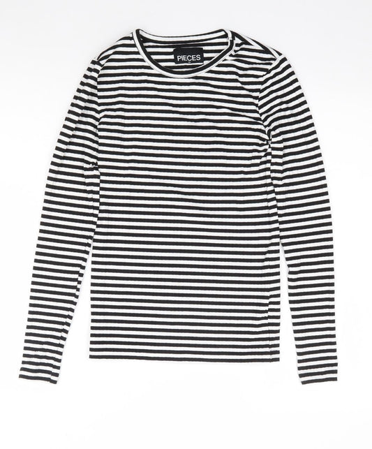 Pieces Womens Multicoloured Striped Polyester Jersey T-Shirt Size XS Round Neck