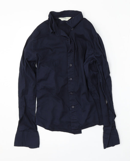 Russell Womens Blue  Cotton Basic Button-Up Size S Collared