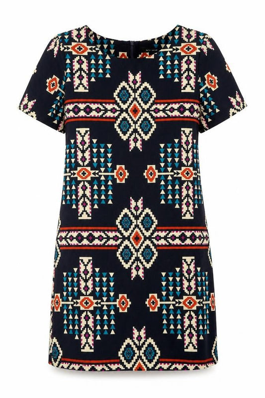 New Look Womens Blue Geometric Polyester Pencil Dress  Size 8  Round Neck