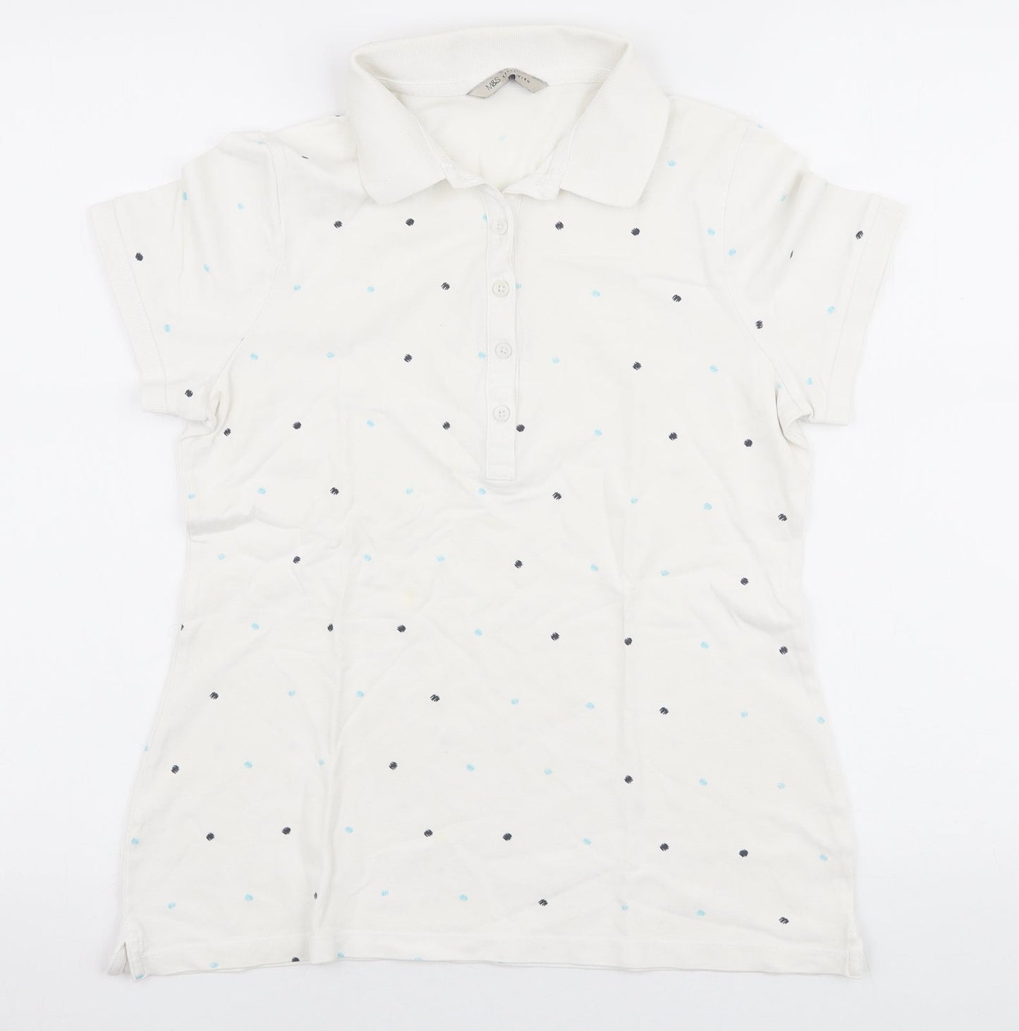 Marks and Spencer Womens White Polka Dot Polyester Basic Polo Size S Collared