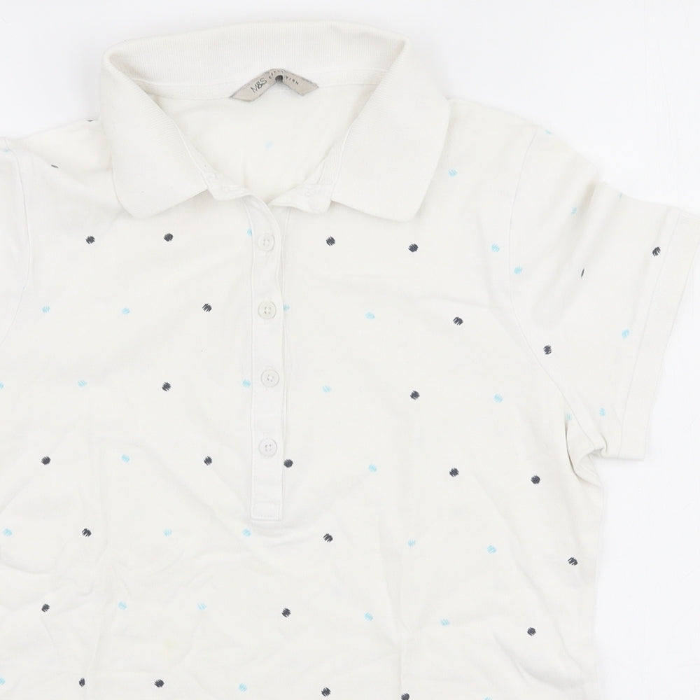 Marks and Spencer Womens White Polka Dot Polyester Basic Polo Size S Collared