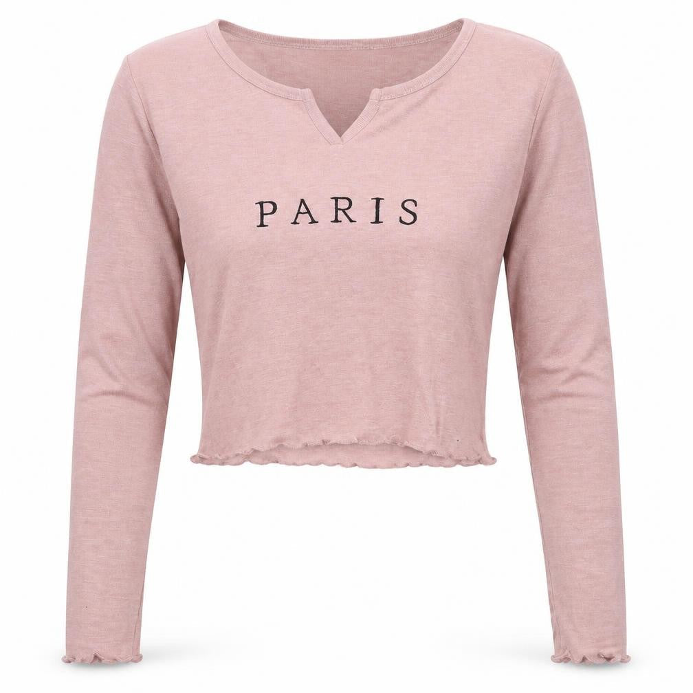 Topshop Womens Pink  Polyester Cropped T-Shirt Size 6 Round Neck - Paris