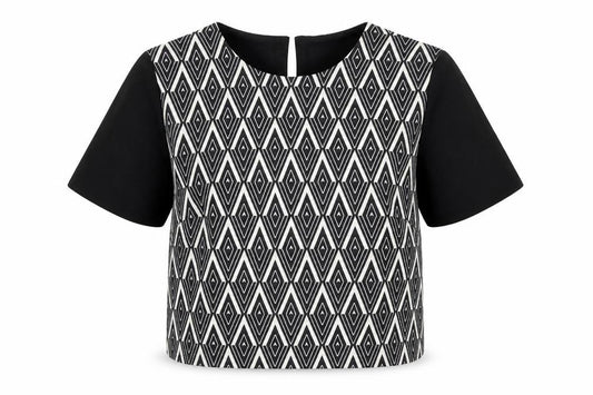 Miss Selfridge Womens Black Geometric Polyester Cropped Blouse Size 6 Round Neck
