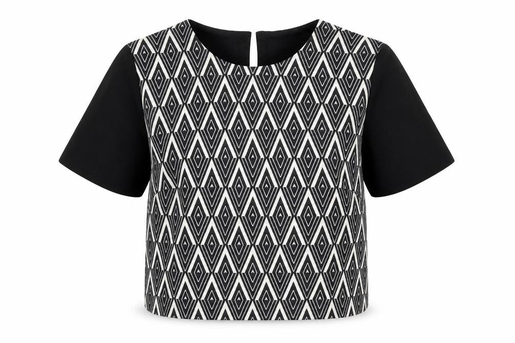 Miss Selfridge Womens Black Geometric Polyester Cropped Blouse Size 6 Round Neck