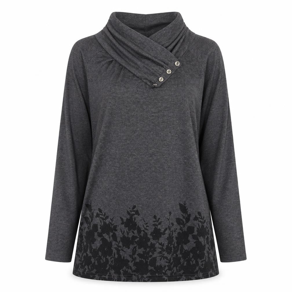 Fashion Womens Grey  Cotton Basic Blouse Size L High Neck