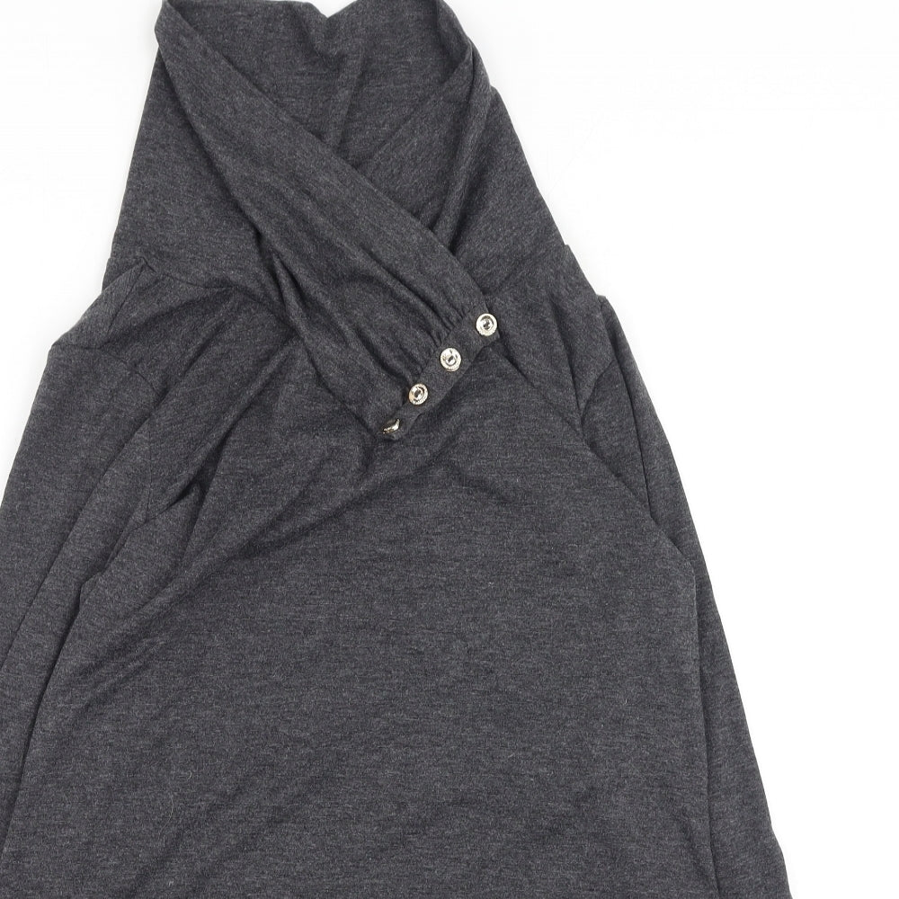 Fashion Womens Grey  Cotton Basic Blouse Size L High Neck