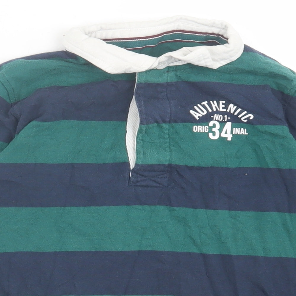 Mothercare Boys Green Striped Cotton Basic Polo Size 8 Years Collared Button