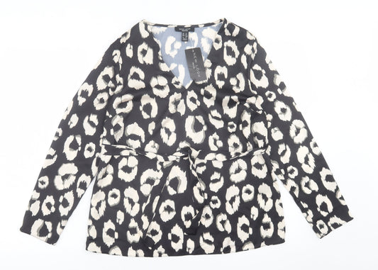 New Look Womens Black Animal Print Polyester Basic Blouse Size 12 V-Neck