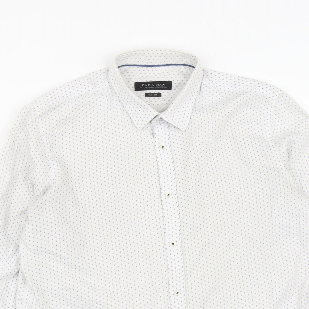 Zara Mens White Geometric Polyester  Button-Up Size L Collared Button