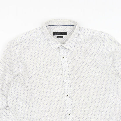 Zara Mens White Geometric Polyester  Button-Up Size L Collared Button