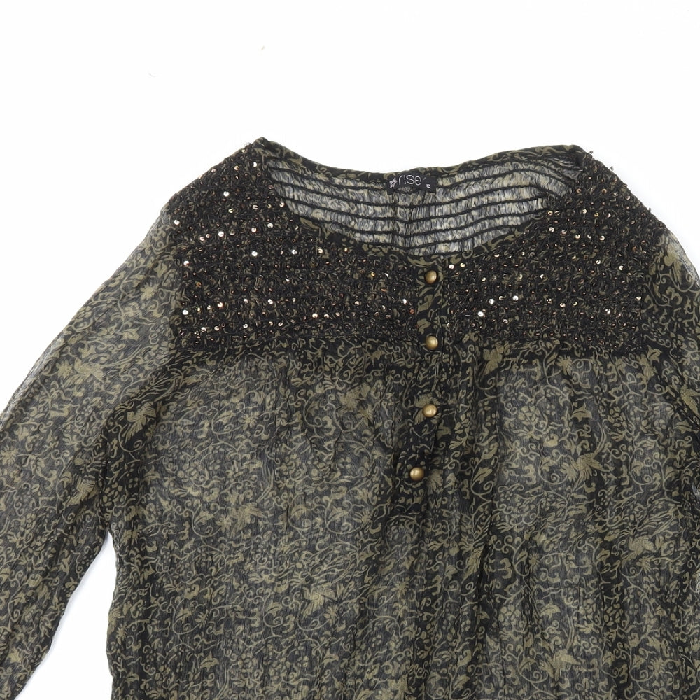 Rise Womens Black Paisley Viscose Basic Button-Up Size 12 Scoop Neck