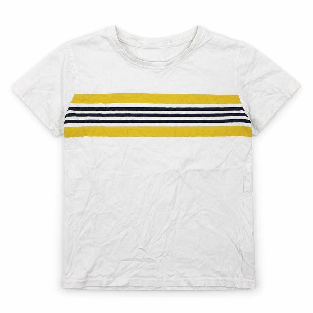 Dunnes Boys White Striped Cotton Basic T-Shirt Size 9 Years Crew Neck Pullover - Yellow