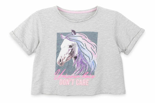 Pep&Co Girls Grey  Cotton Cropped T-Shirt Size 9-10 Years Crew Neck Pullover - Unicorn Hair Don't Care