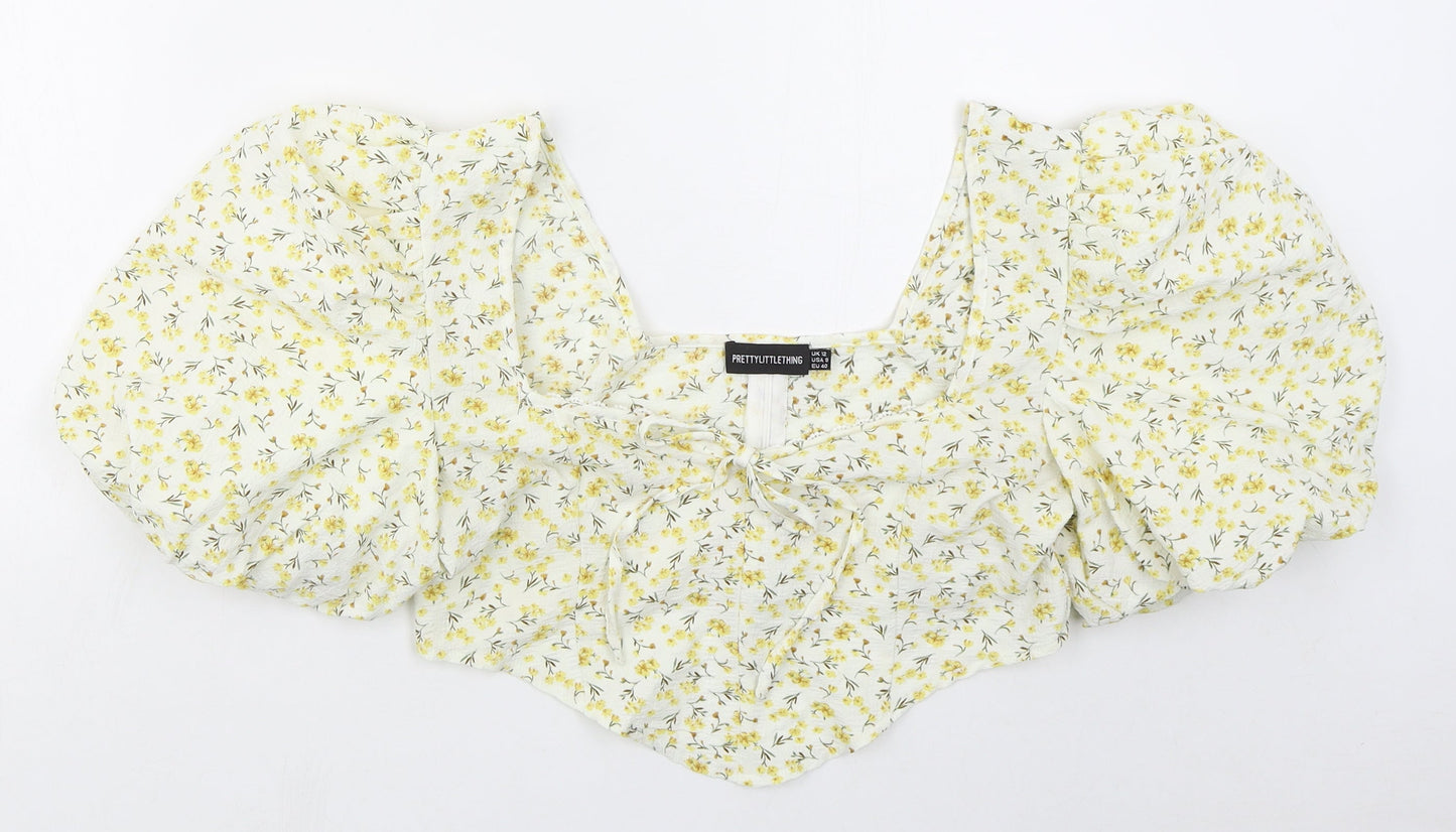 PRETTYLITTLETHING Womens Yellow Floral Polyester Cropped Blouse Size 12 Square Neck