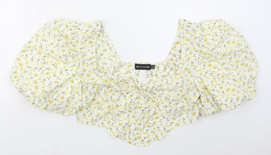 PRETTYLITTLETHING Womens Yellow Floral Polyester Cropped Blouse Size 12 Square Neck