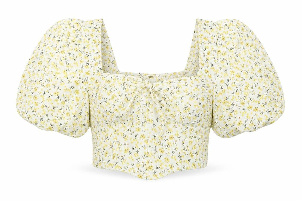 PRETTYLITTLETHING Womens Yellow Floral Polyester Cropped Blouse Size 12 Square Neck