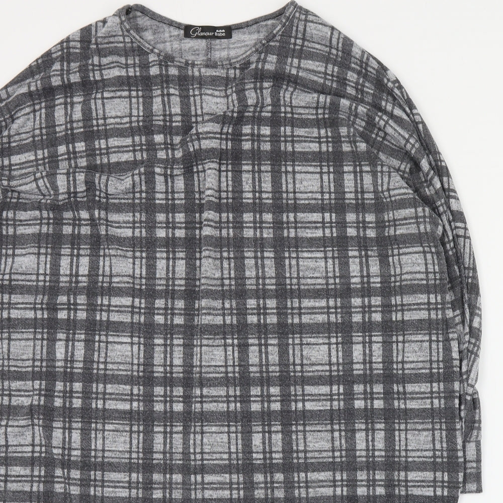 Cameo Rose Womens Grey Plaid Polyester Basic Blouse Size S Round Neck