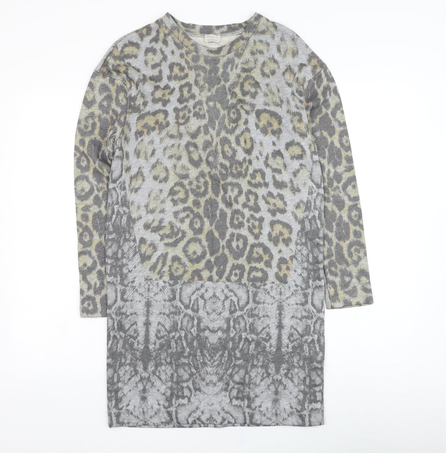 Zara Womens Grey Animal Print Cotton Jumper Dress  Size S  Round Neck Pullover