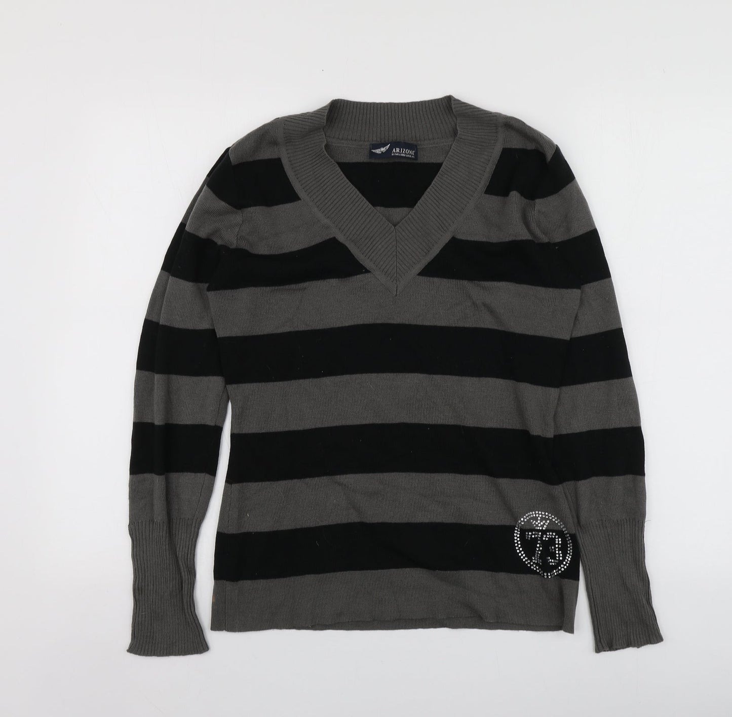 AriZona Womens Grey V-Neck Striped Acrylic Pullover Jumper Size 14