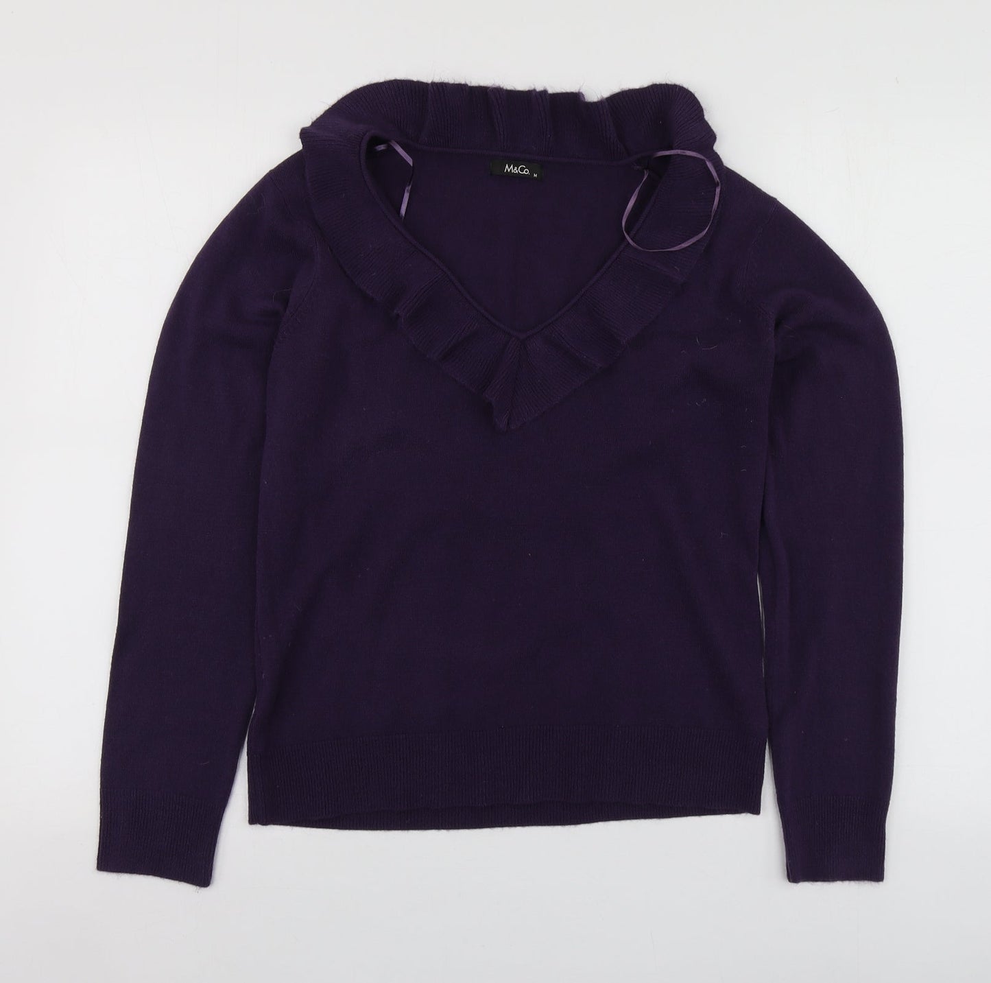 M&Co Womens Purple V-Neck  Acrylic Pullover Jumper Size M