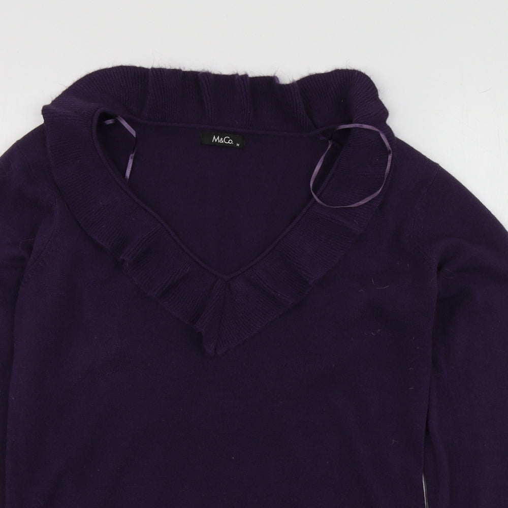 M&Co Womens Purple V-Neck  Acrylic Pullover Jumper Size M